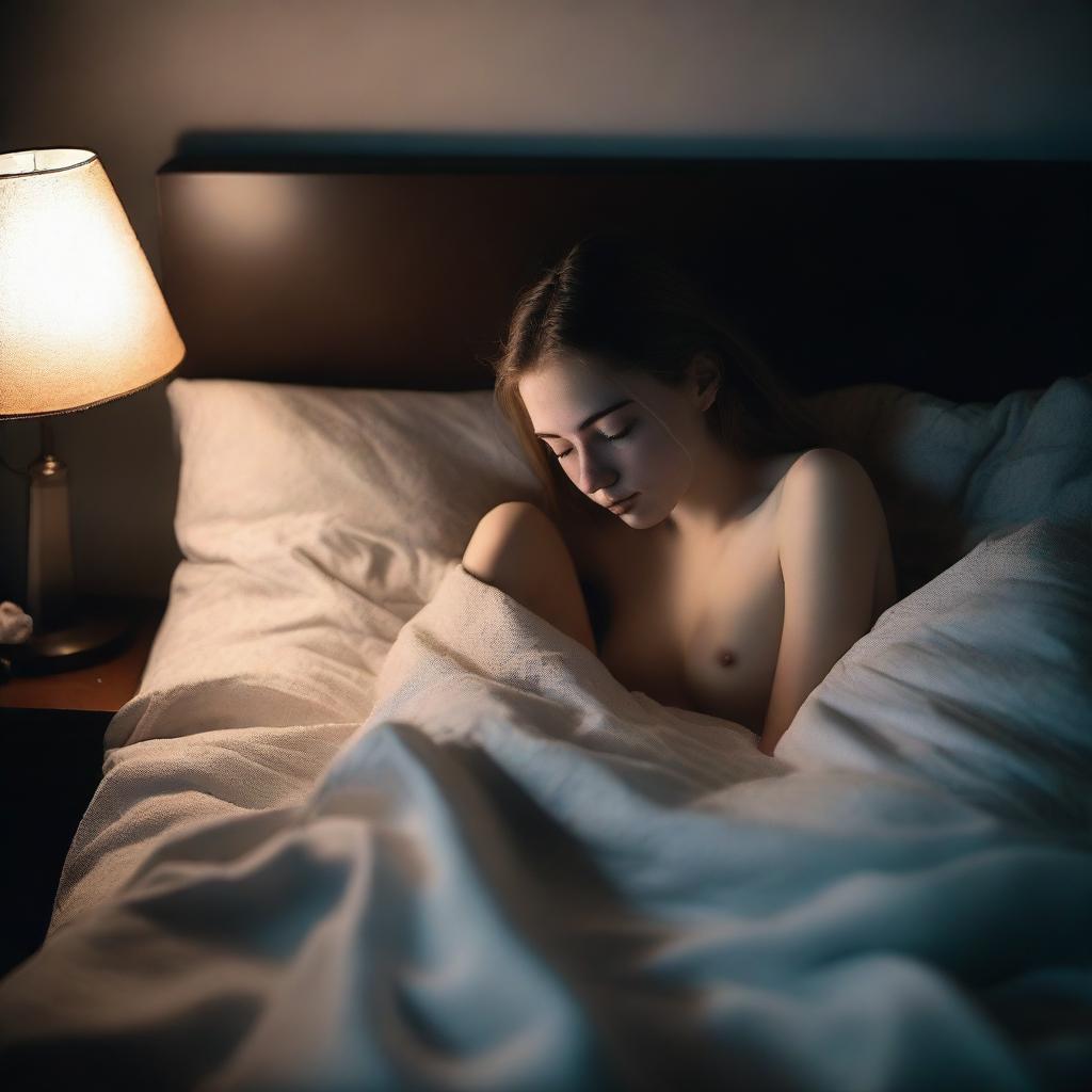 A pale 18-year-old girl lying in bed in a dark room, about to go to sleep