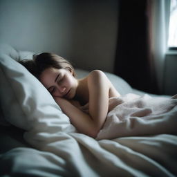 A pale 18-year-old girl lying in bed in a dark room, about to go to sleep