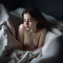 A pale 18-year-old girl lying in bed in a dark room, about to go to sleep