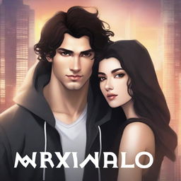 A fantasy book cover featuring a fair male with black shoulder-length curled hair and dark brown eyes, wearing a dark modern hoodie