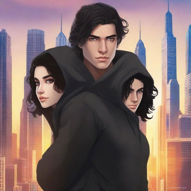 A fantasy book cover featuring a fair male with black shoulder-length curled hair and dark brown eyes, wearing a dark modern hoodie