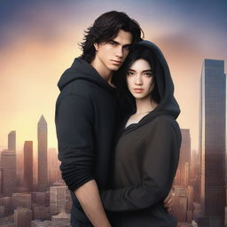 A fantasy book cover featuring a fair male with black shoulder-length curled hair and dark brown eyes, wearing a dark modern hoodie