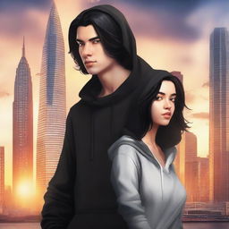 A fantasy book cover featuring a fair male with black shoulder-length curled hair and dark brown eyes, wearing a dark modern hoodie