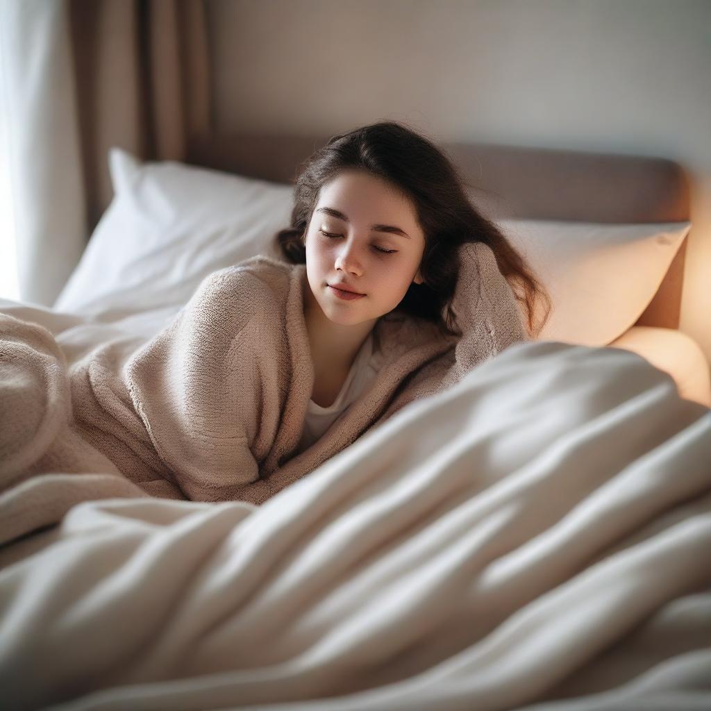 A pale, innocent-looking 18-year-old girl lying in bed