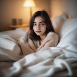 A pale, innocent-looking 18-year-old girl lying in bed