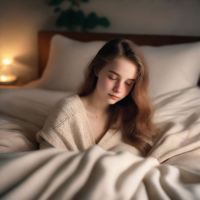 A pale, innocent-looking 18-year-old girl lying in bed