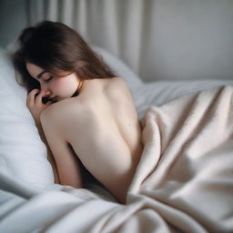 A pale, innocent-looking 18-year-old girl lying in bed, partially covered with blankets, with her butt exposed