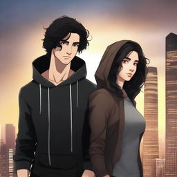 A fantasy book cover featuring a fair male with black shoulder-length curled hair and dark brown eyes, wearing a dark modern hoodie