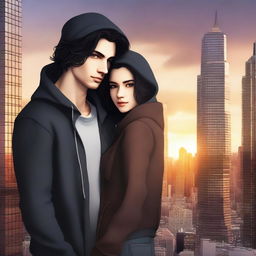 A fantasy book cover featuring a fair male with black shoulder-length curled hair and dark brown eyes, wearing a dark modern hoodie