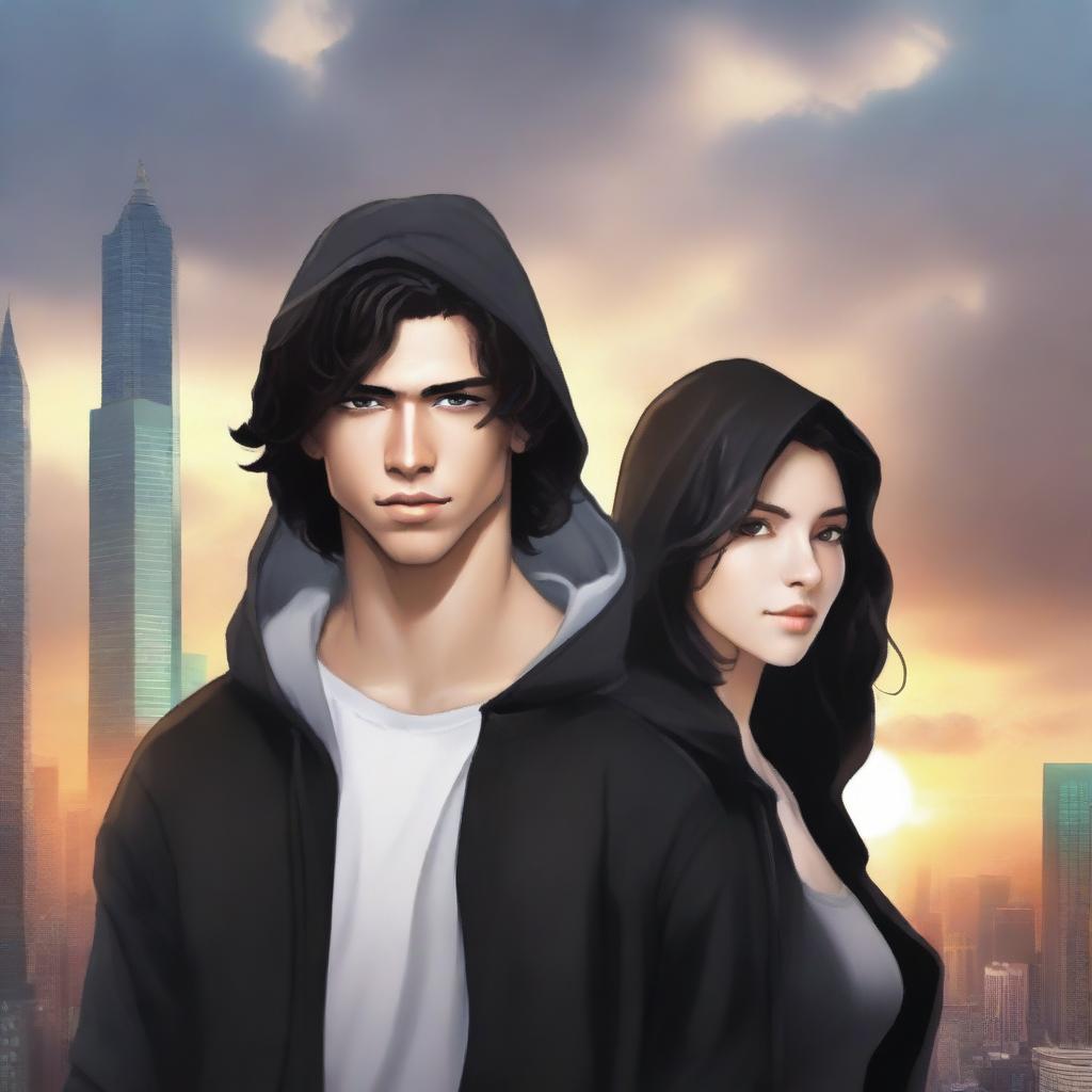 A fantasy book cover featuring a fair male with black shoulder-length curled hair and dark brown eyes, wearing a dark modern hoodie