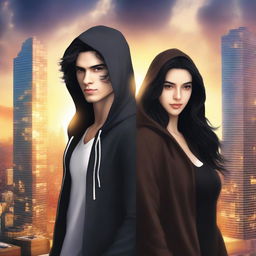 A fantasy book cover featuring a fair male with black shoulder-length curled hair and dark brown eyes, wearing a dark modern hoodie