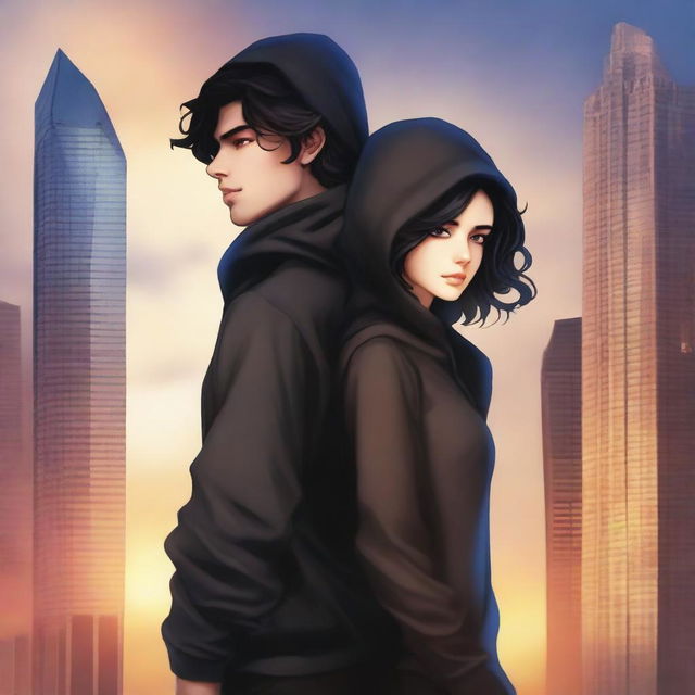 A fantasy cover art featuring a fair male with black shoulder-length curled hair and dark brown eyes, wearing a dark modern hoodie