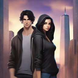 A fantasy cover art featuring a fair male with black shoulder-length curled hair and dark brown eyes, wearing a dark modern hoodie