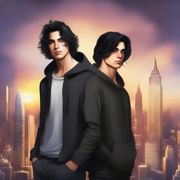 A fantasy cover art featuring a fair male with black shoulder-length curled hair and dark brown eyes, wearing a dark modern hoodie