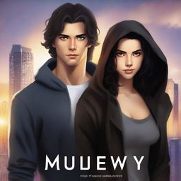 A fantasy cover art featuring a fair male with black shoulder-length curled hair and dark brown eyes, wearing a dark modern hoodie