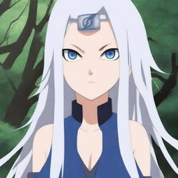 Generate an image of a girl with long white hair and blue eyes in the style of the Naruto anime