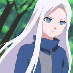 Generate an image of a girl with long white hair and blue eyes in the style of the Naruto anime