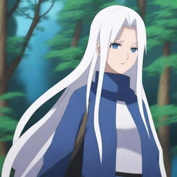 Generate an image of a girl with long white hair and blue eyes in the style of the Naruto anime