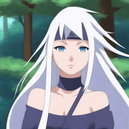 Generate an image of a girl with long white hair and blue eyes in the style of the Naruto anime