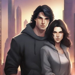 A fantasy cover art featuring a fair male with black shoulder-length curled hair and dark brown eyes, wearing a dark modern hoodie