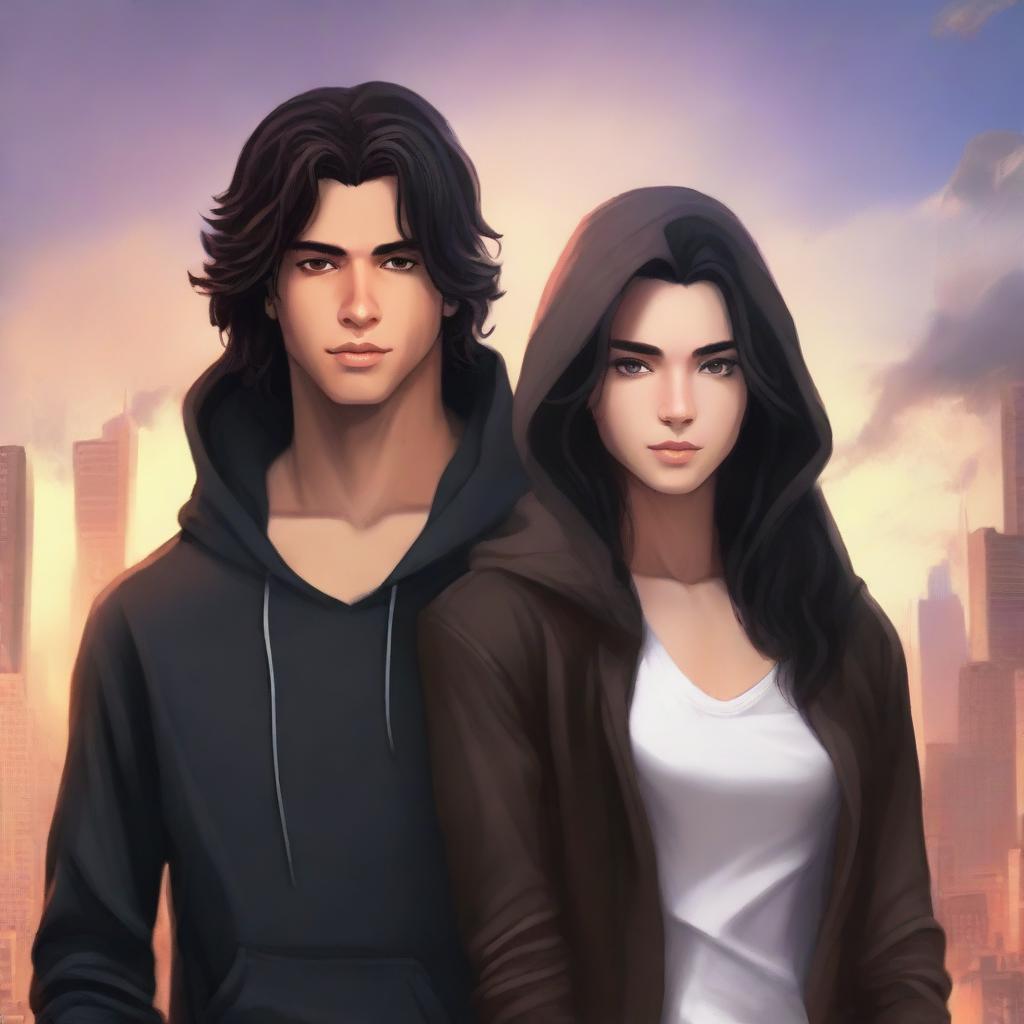 A fantasy cover art featuring a fair male with black shoulder-length curled hair and dark brown eyes, wearing a dark modern hoodie