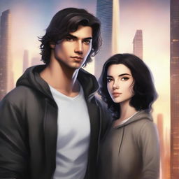 A fantasy cover art featuring a fair male with black shoulder-length curled hair and dark brown eyes, wearing a dark modern hoodie