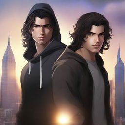 A fantasy cover art featuring a fair male with black shoulder-length curled hair and dark brown eyes, wearing a dark modern hoodie