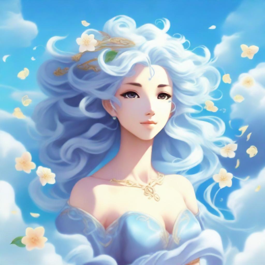 A mystical air genasi character with flowing hair that resembles clouds and a serene expression