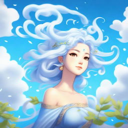 A mystical air genasi character with flowing hair that resembles clouds and a serene expression