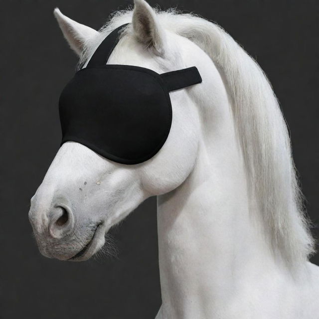 Modification of the previous image: the white pony's black blindfold is now straight and tight, looking like a narrow strip, in a realistic cartoon style.