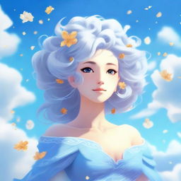 A mystical air genasi character with flowing hair that resembles clouds and a serene expression