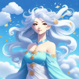 A mystical air genasi character with flowing hair that resembles clouds and a serene expression