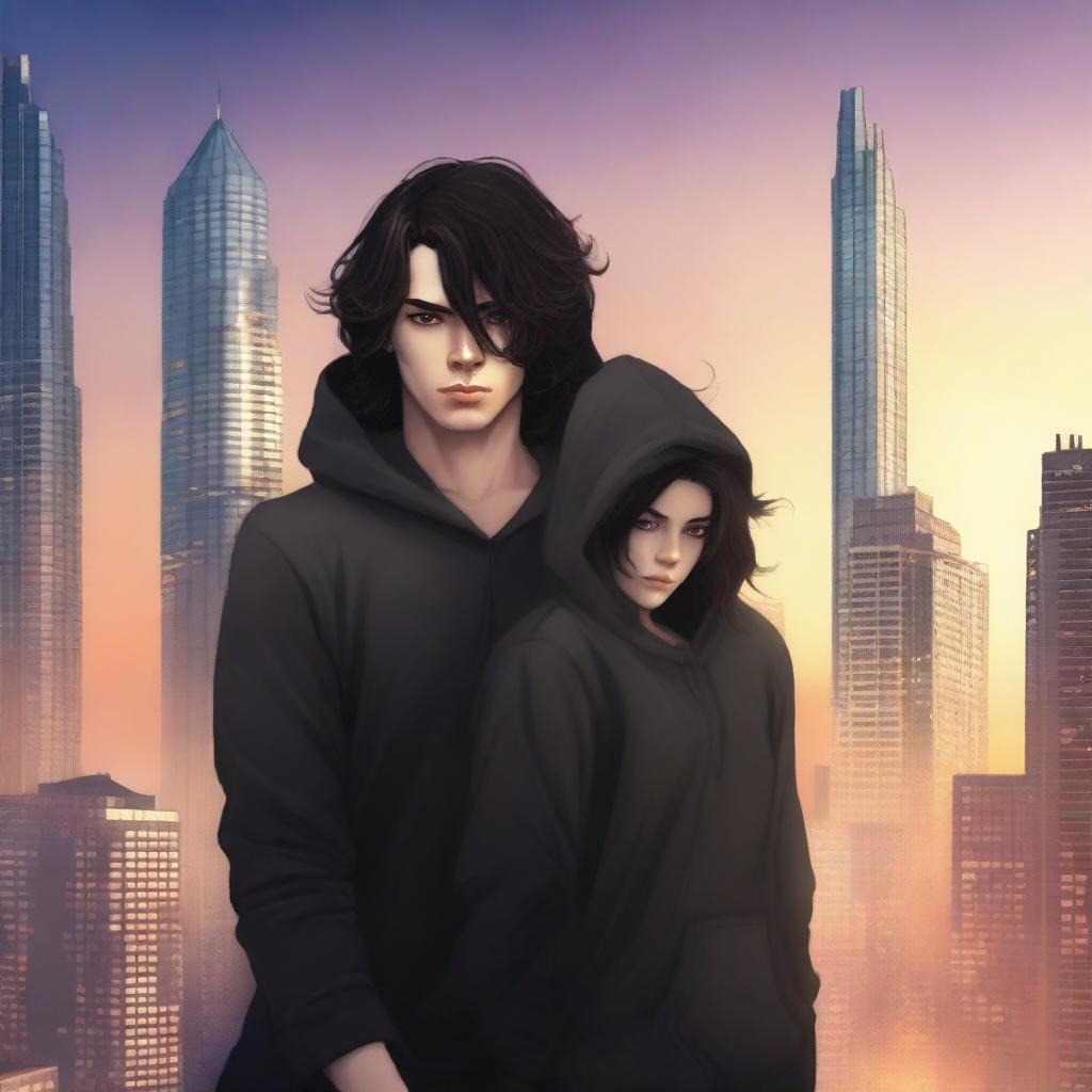 A fantasy cover art featuring a fair male with black shoulder-length curled hair and dark brown eyes, wearing a dark modern hoodie