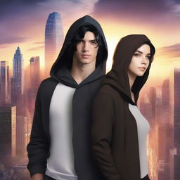 A fantasy cover art featuring a fair male with black shoulder-length curled hair and dark brown eyes, wearing a dark modern hoodie