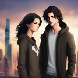 A fantasy cover art featuring a fair male with black shoulder-length curled hair and dark brown eyes, wearing a dark modern hoodie