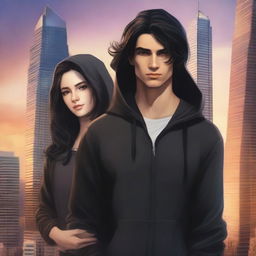 A fantasy cover art featuring a fair male with black shoulder-length curled hair and dark brown eyes, wearing a dark modern hoodie