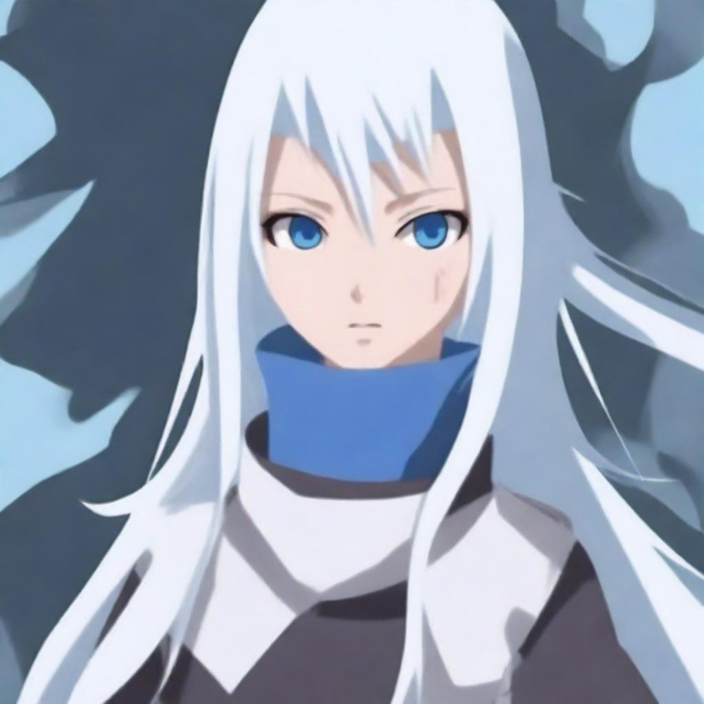 Create an image of a girl wearing an Anbu uniform with long white hair and blue ice eyes