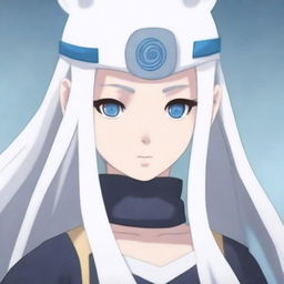 Create an image of a girl wearing an Anbu uniform with long white hair and blue ice eyes