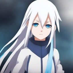 Create an image of a girl wearing an Anbu uniform with long white hair and blue ice eyes