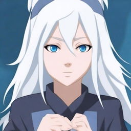 Create an image of a girl wearing an Anbu uniform with long white hair and blue ice eyes