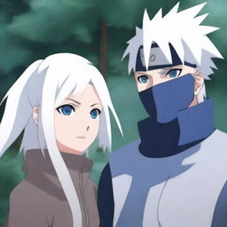 Create an image of Kakashi Hatake standing next to a girl with long white hair and blue ice eyes