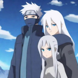 Create an image of Kakashi Hatake standing next to a girl with long white hair and blue ice eyes