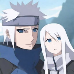 Create an image of Kakashi Hatake standing next to a girl with long white hair and blue ice eyes