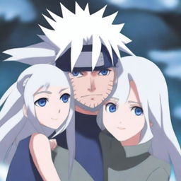 Create an image of Kakashi Hatake standing next to a girl with long white hair and blue ice eyes