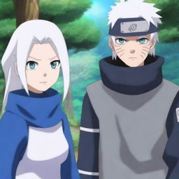 Generate an image of Kakashi Hatake from Naruto standing next to a girl with long white hair and blue ice eyes