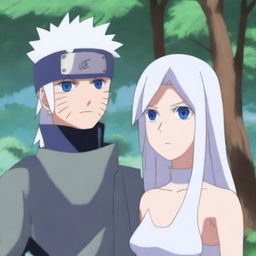 Generate an image of Kakashi Hatake from Naruto standing next to a girl with long white hair and blue ice eyes