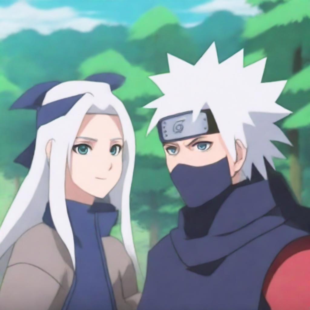 Generate an image of Kakashi Hatake from Naruto standing next to a girl with long white hair and blue ice eyes