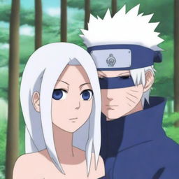 Generate an image of Kakashi Hatake from Naruto standing next to a girl with long white hair and blue ice eyes