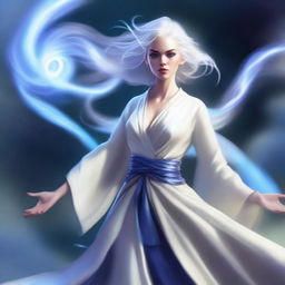 A beautiful air genasi female with white hair billowing around her