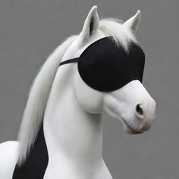 Modification of the previous image: the white pony's black blindfold is now straight and tight, looking like a narrow strip, in a realistic cartoon style.